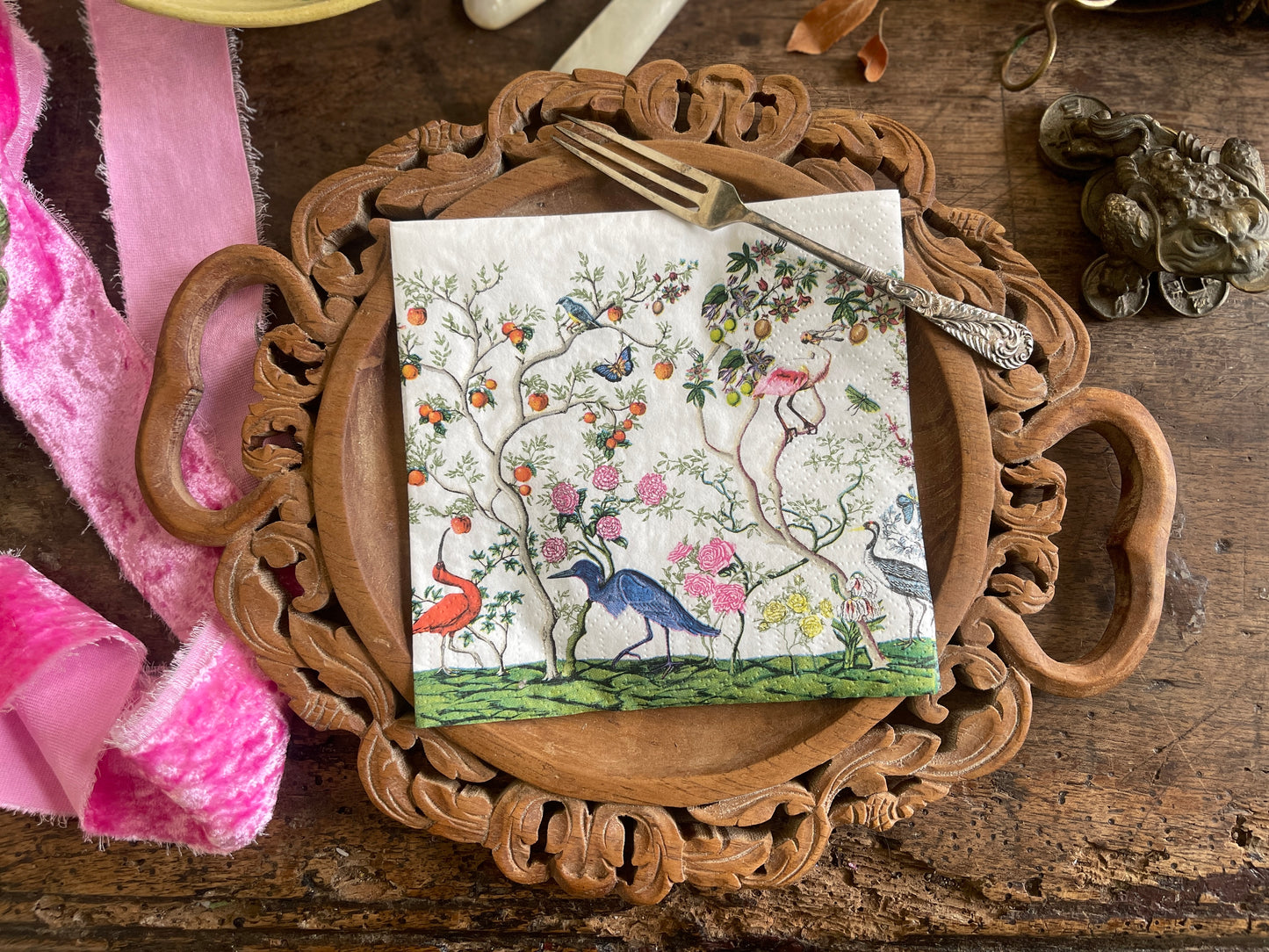 Exotic Birds and Fauna Chinoiserie Paper Cocktail Napkin