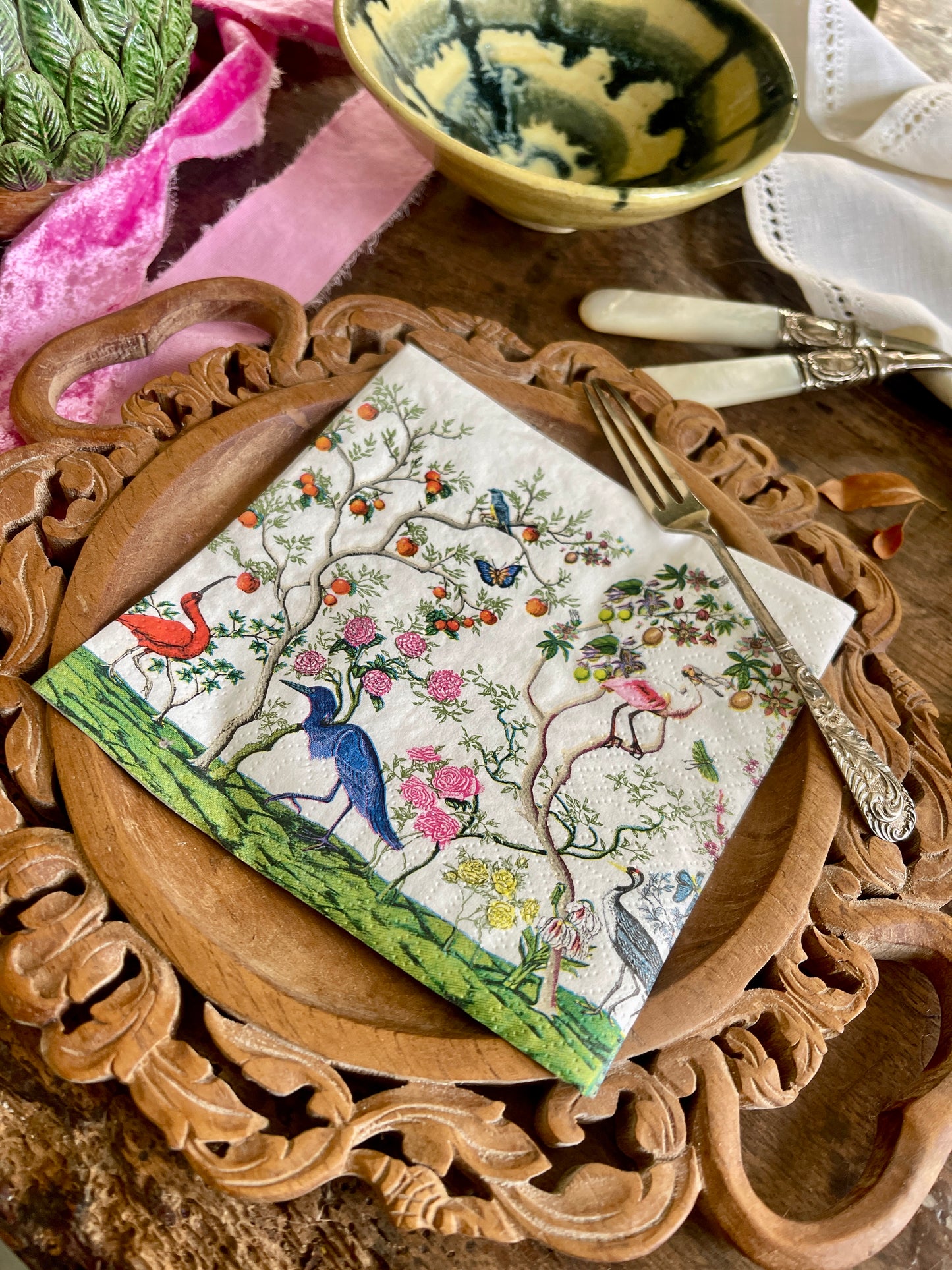 Exotic Birds and Fauna Chinoiserie Paper Cocktail Napkin