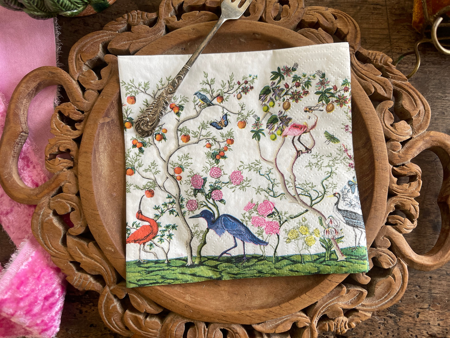 Exotic Birds and Fauna Chinoiserie Paper Cocktail Napkin