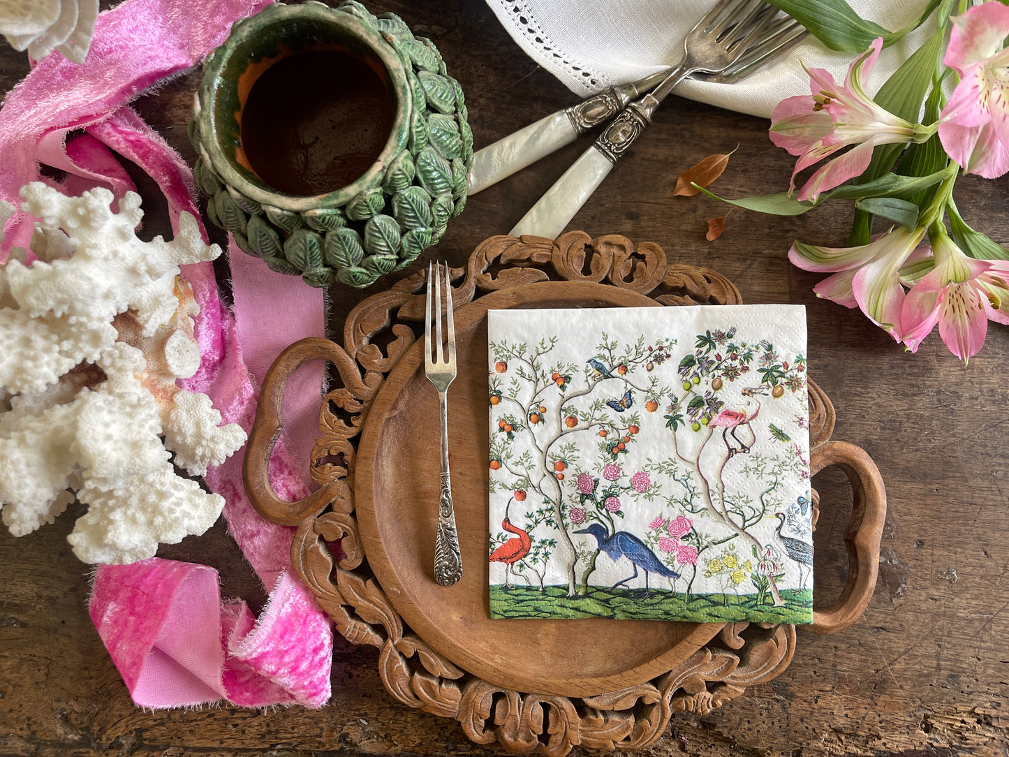 Exotic Birds and Fauna Chinoiserie Paper Cocktail Napkin