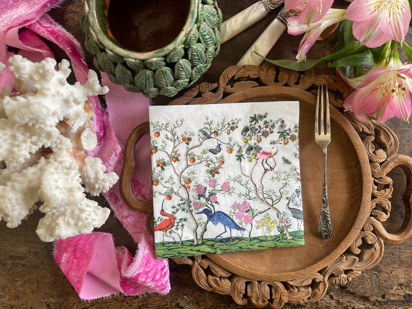 Exotic Birds and Fauna Chinoiserie Paper Cocktail Napkin
