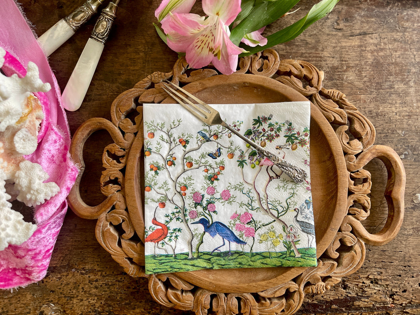 Exotic Birds and Fauna Chinoiserie Paper Cocktail Napkin
