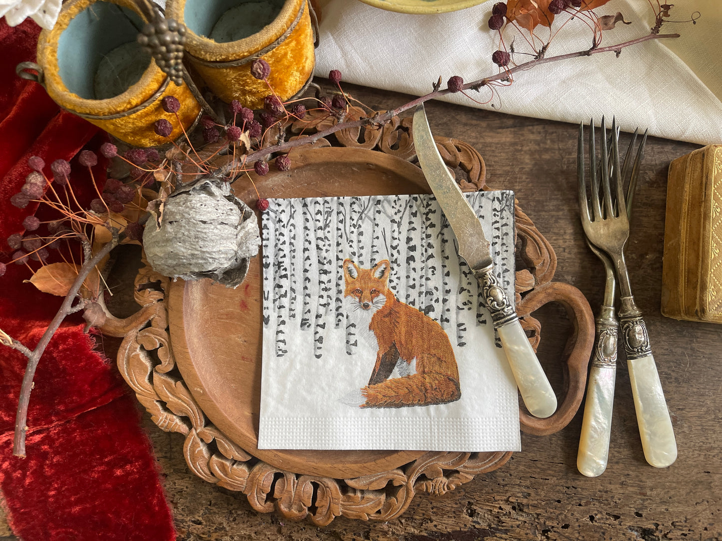 Fox in Winter Aspen Forest Paper Beverage Napkin