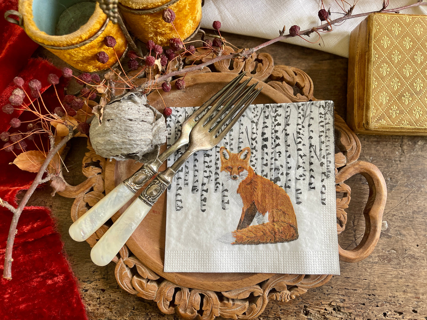 Fox in Winter Aspen Forest Paper Beverage Napkin