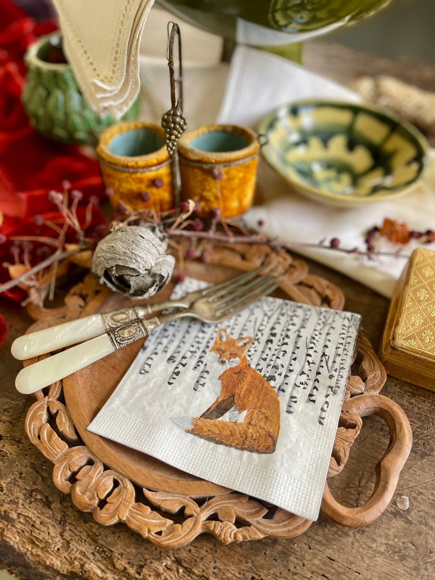 Fox in Winter Aspen Forest Paper Beverage Napkin