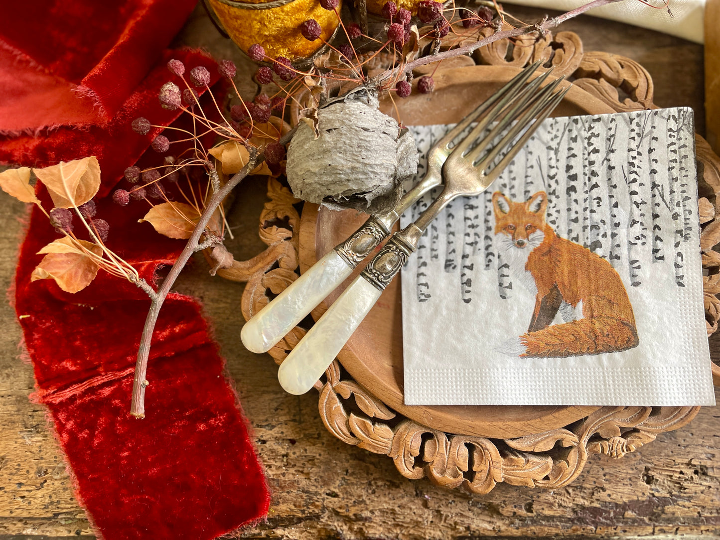 Fox in Winter Aspen Forest Paper Beverage Napkin