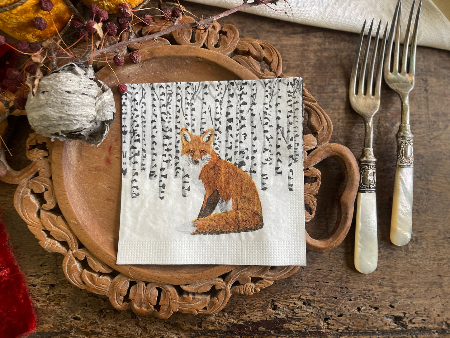 Fox in Winter Aspen Forest Paper Beverage Napkin