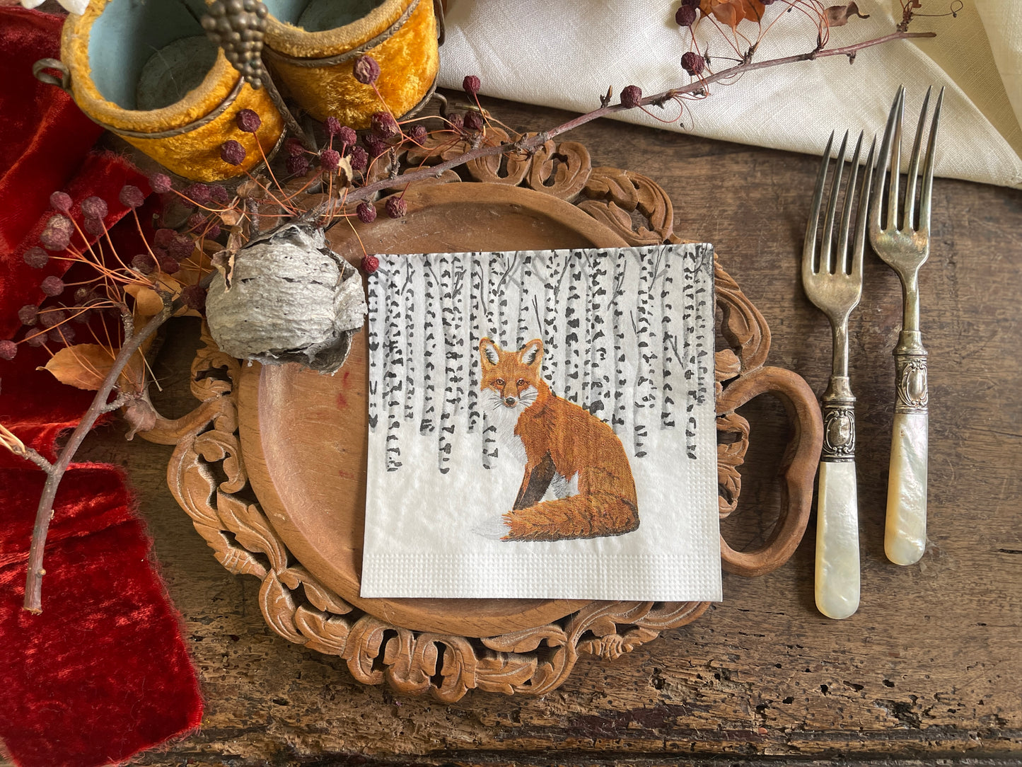 Fox in Winter Aspen Forest Paper Beverage Napkin