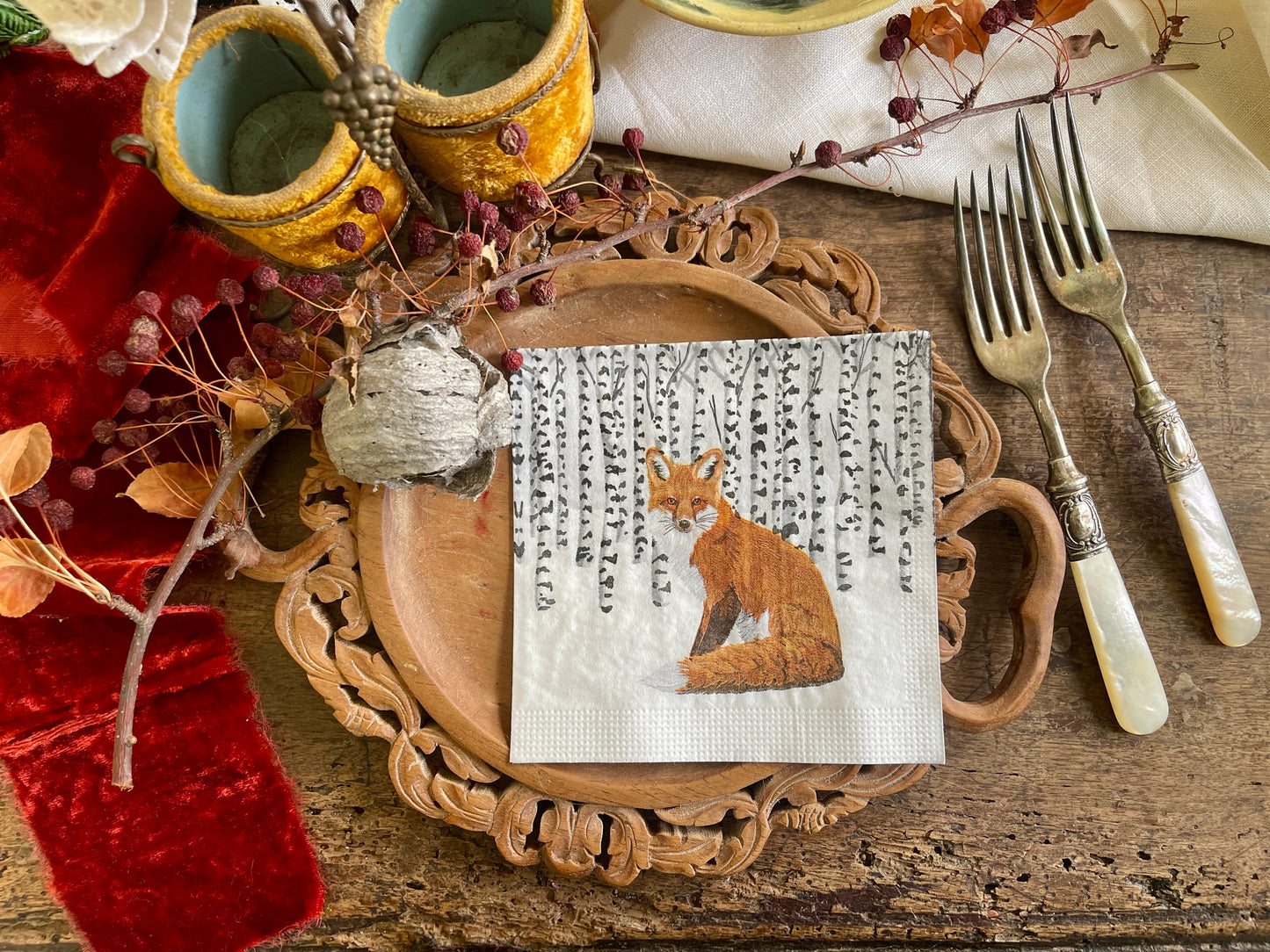 Fox in Winter Aspen Forest Paper Beverage Napkin