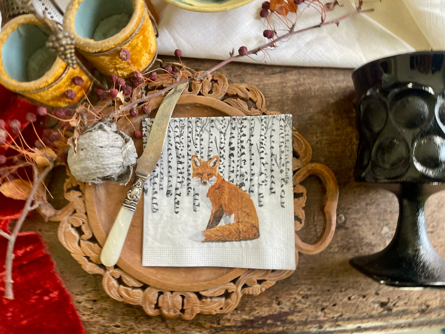 Fox in Winter Aspen Forest Paper Beverage Napkin