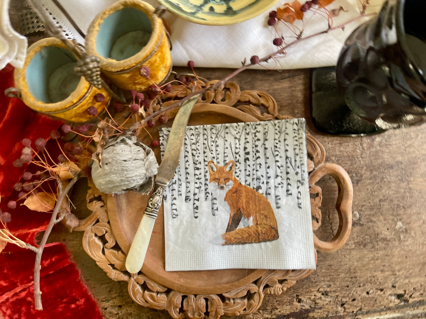 Fox in Winter Aspen Forest Paper Beverage Napkin