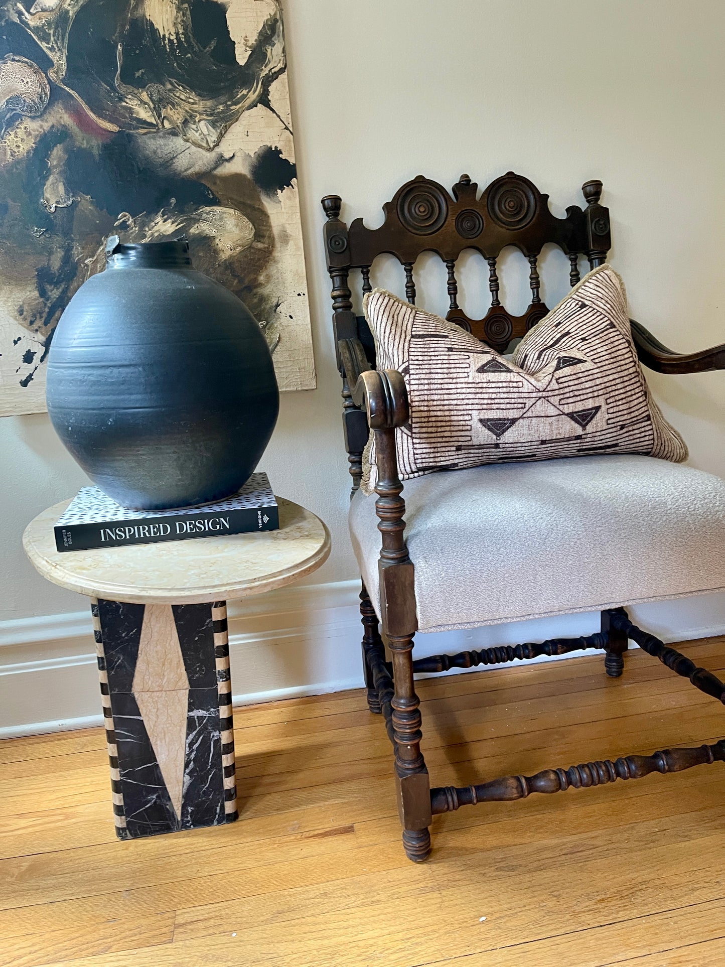 Neutral Geometric Tribal Pillow with Fringed Edges