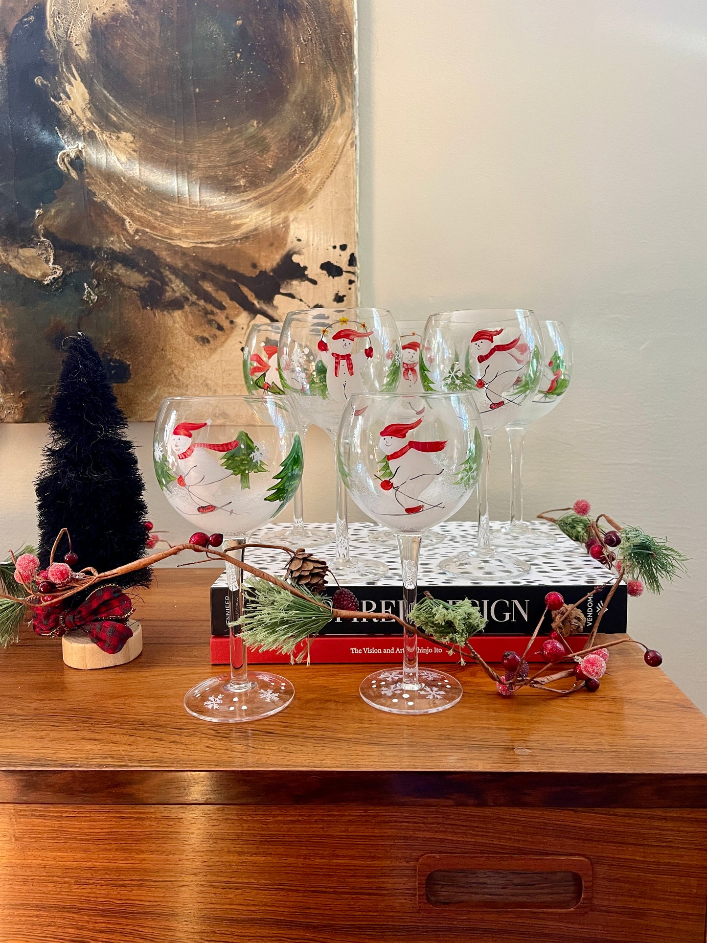 Handpainted Snowmen Winter Wonderland Wine Glasses - a set of 7