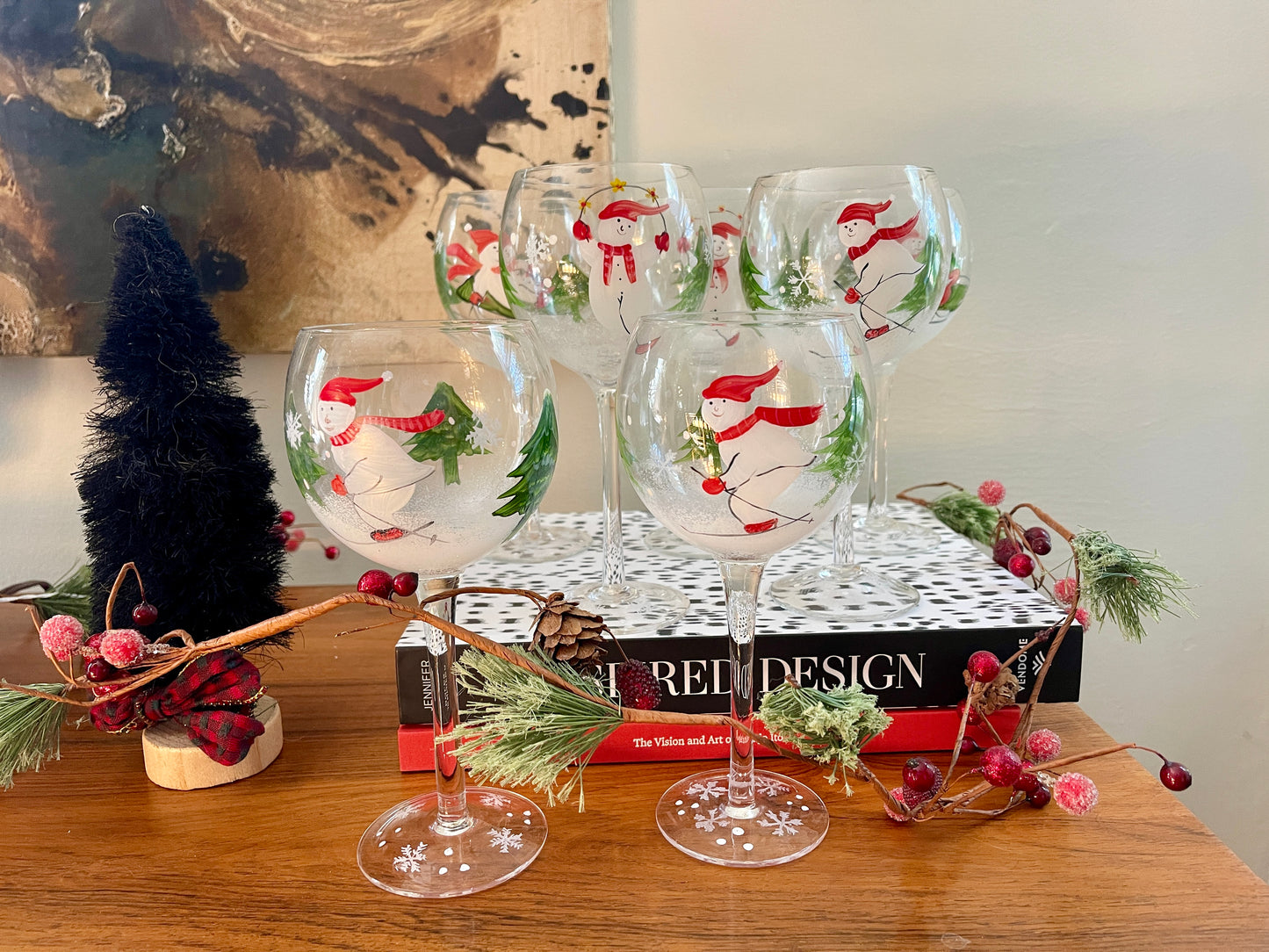 Handpainted Snowmen Winter Wonderland Wine Glasses - a set of 7