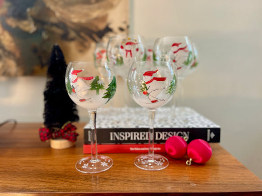 Handpainted Snowmen Winter Wonderland Wine Glasses - a set of 7