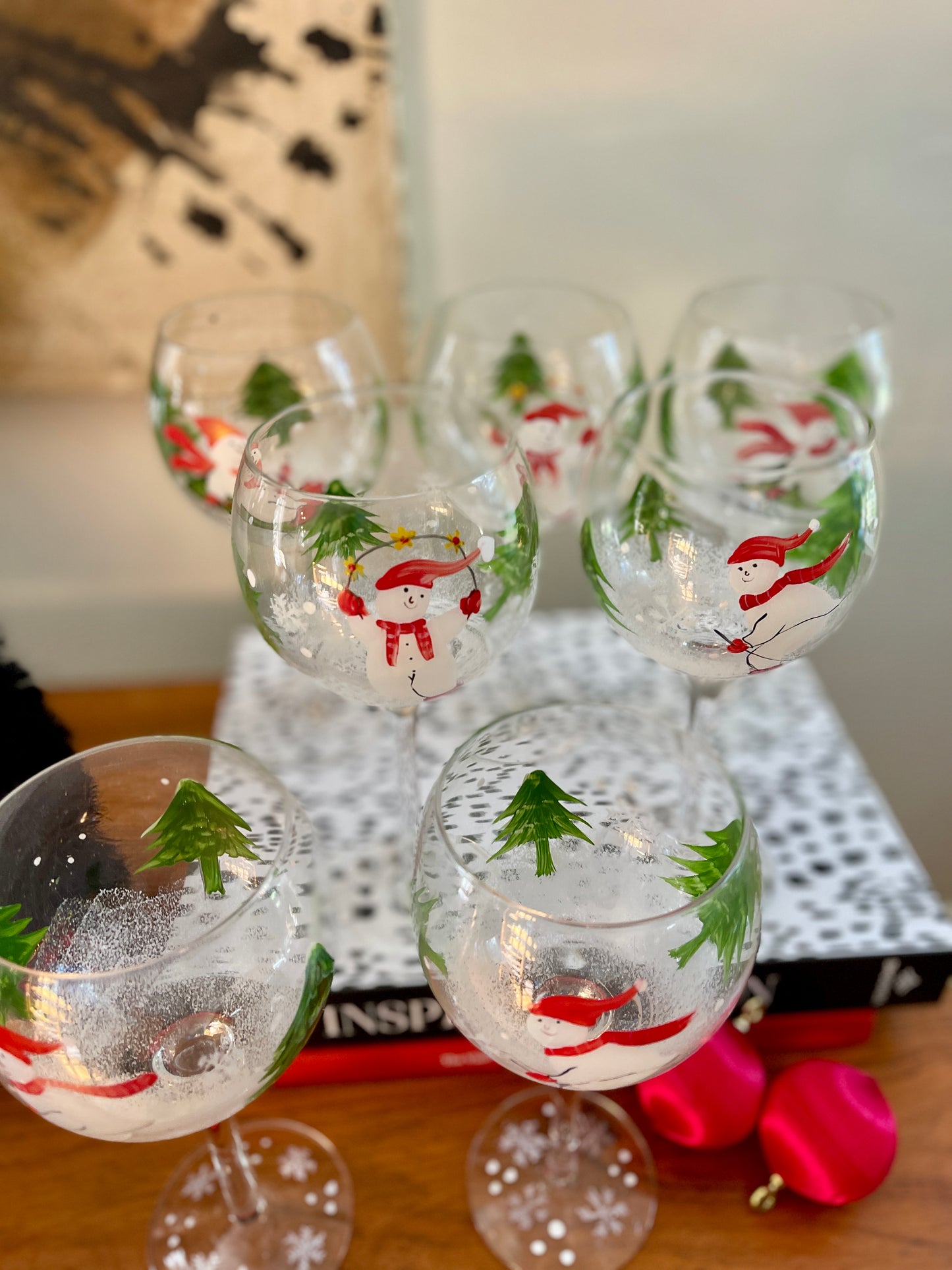 Handpainted Snowmen Winter Wonderland Wine Glasses - a set of 7