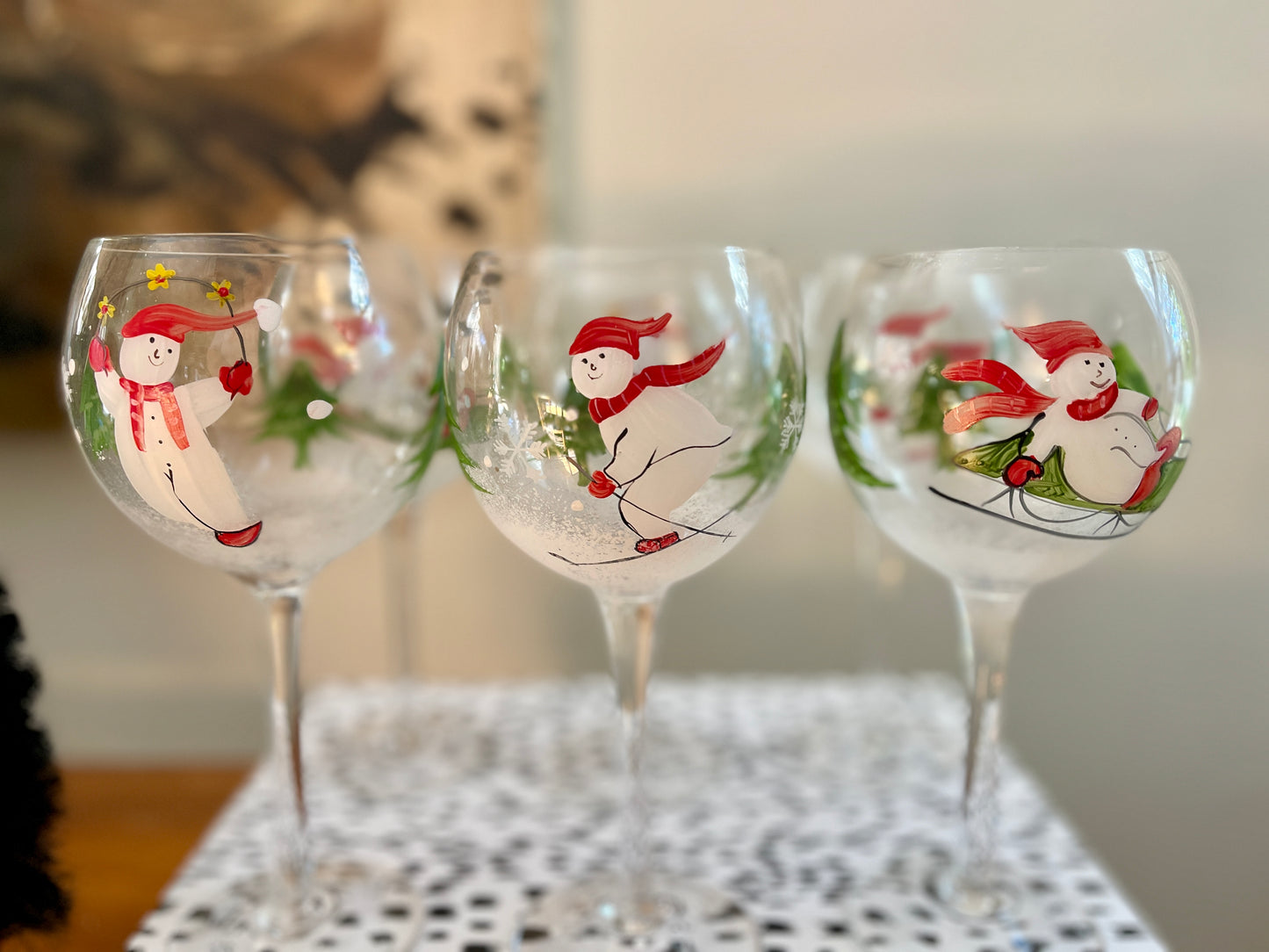 Handpainted Snowmen Winter Wonderland Wine Glasses - a set of 7