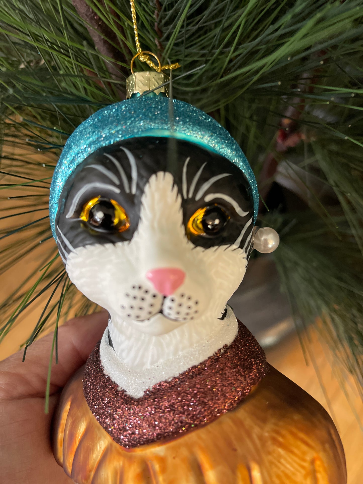 Girl with a Pearl Earring Black and White Tuxedo Cat Glass Holiday Ornament Masterpiece Collection