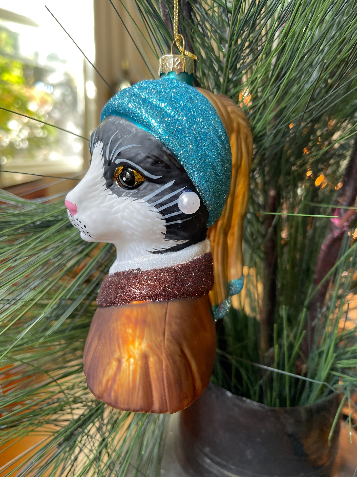 Girl with a Pearl Earring Black and White Tuxedo Cat Glass Holiday Ornament Masterpiece Collection