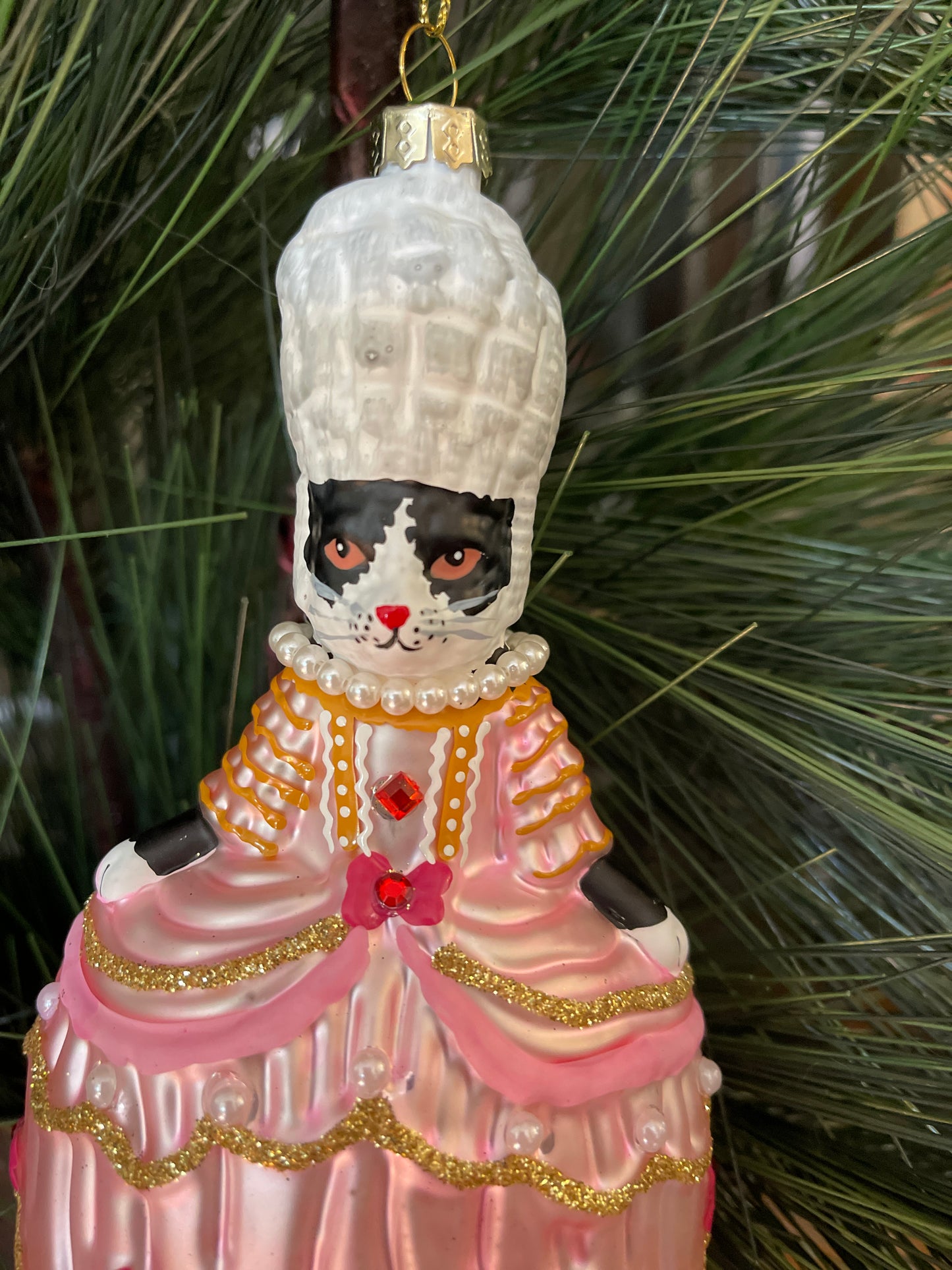 Marie Antoinette Black and White Tuxedo Cat Glass Ornament Let Them Eat Cake Masterpiece Collection