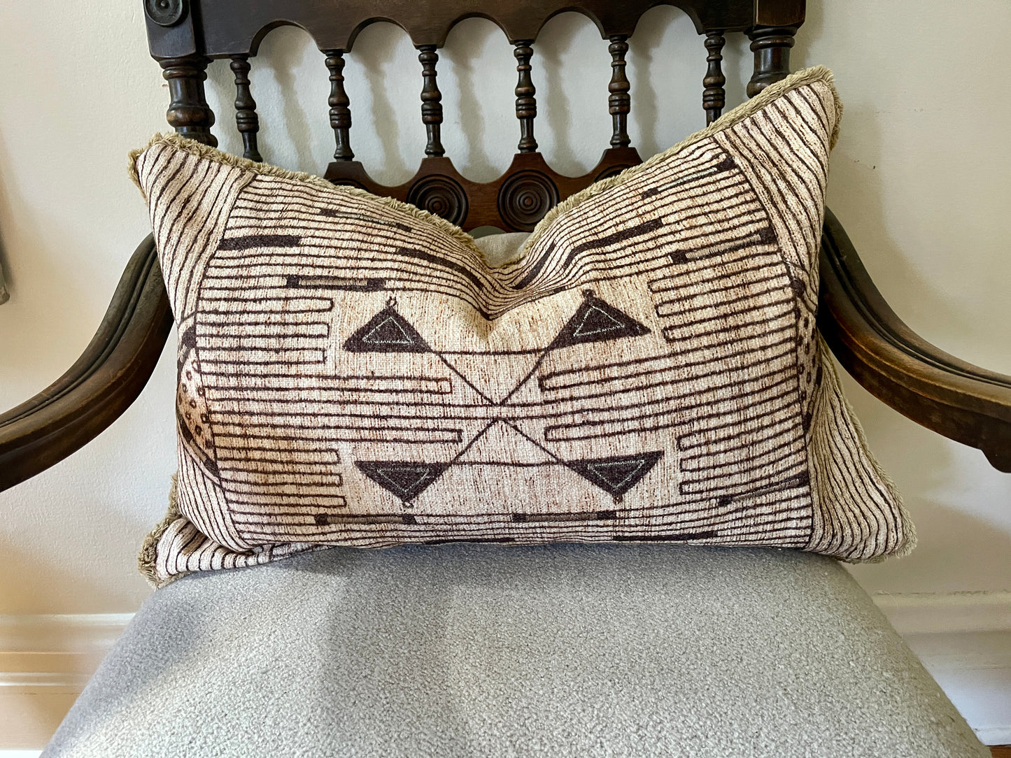 Neutral Geometric Tribal Pillow with Fringed Edges