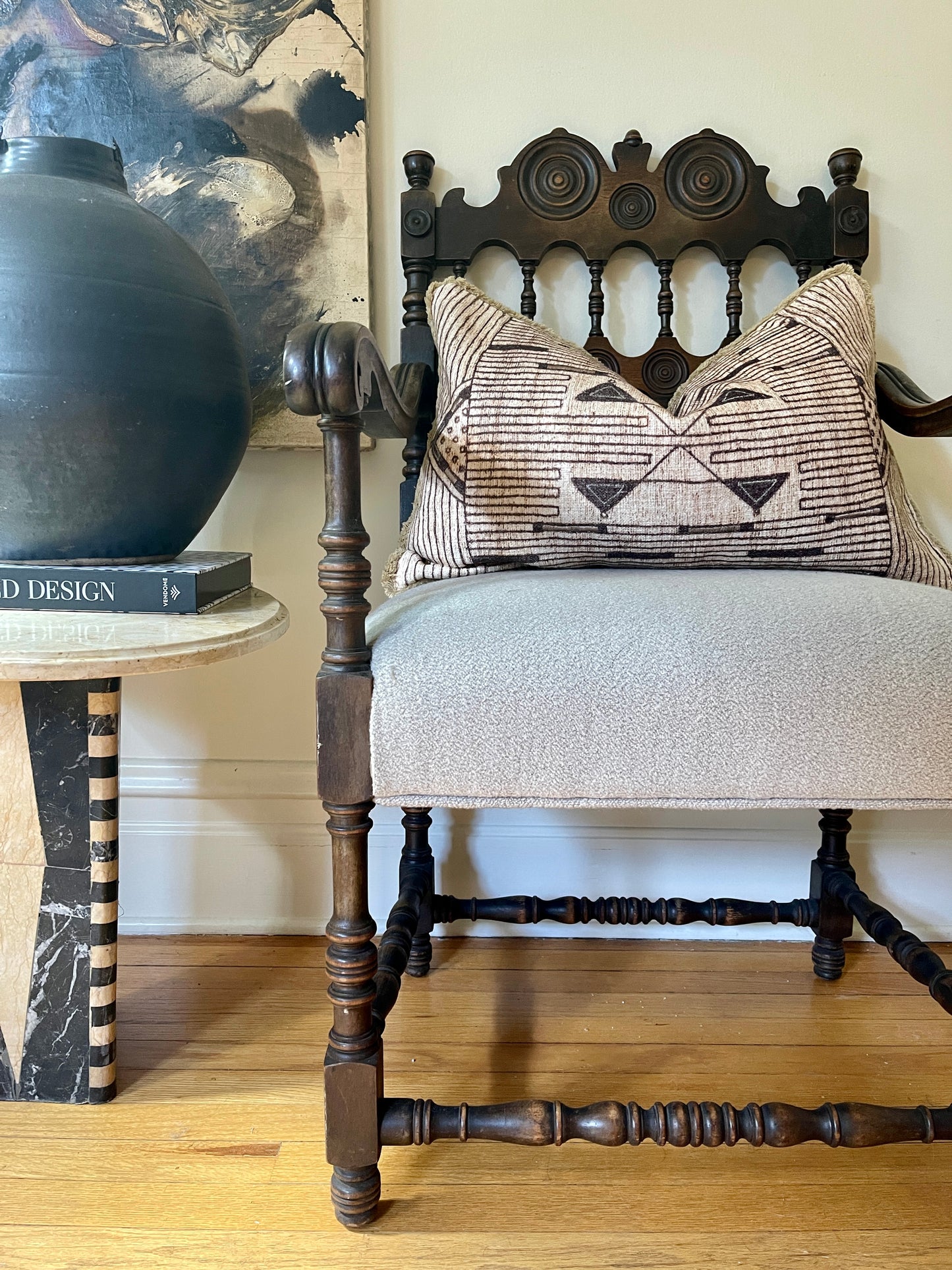 Neutral Geometric Tribal Pillow with Fringed Edges