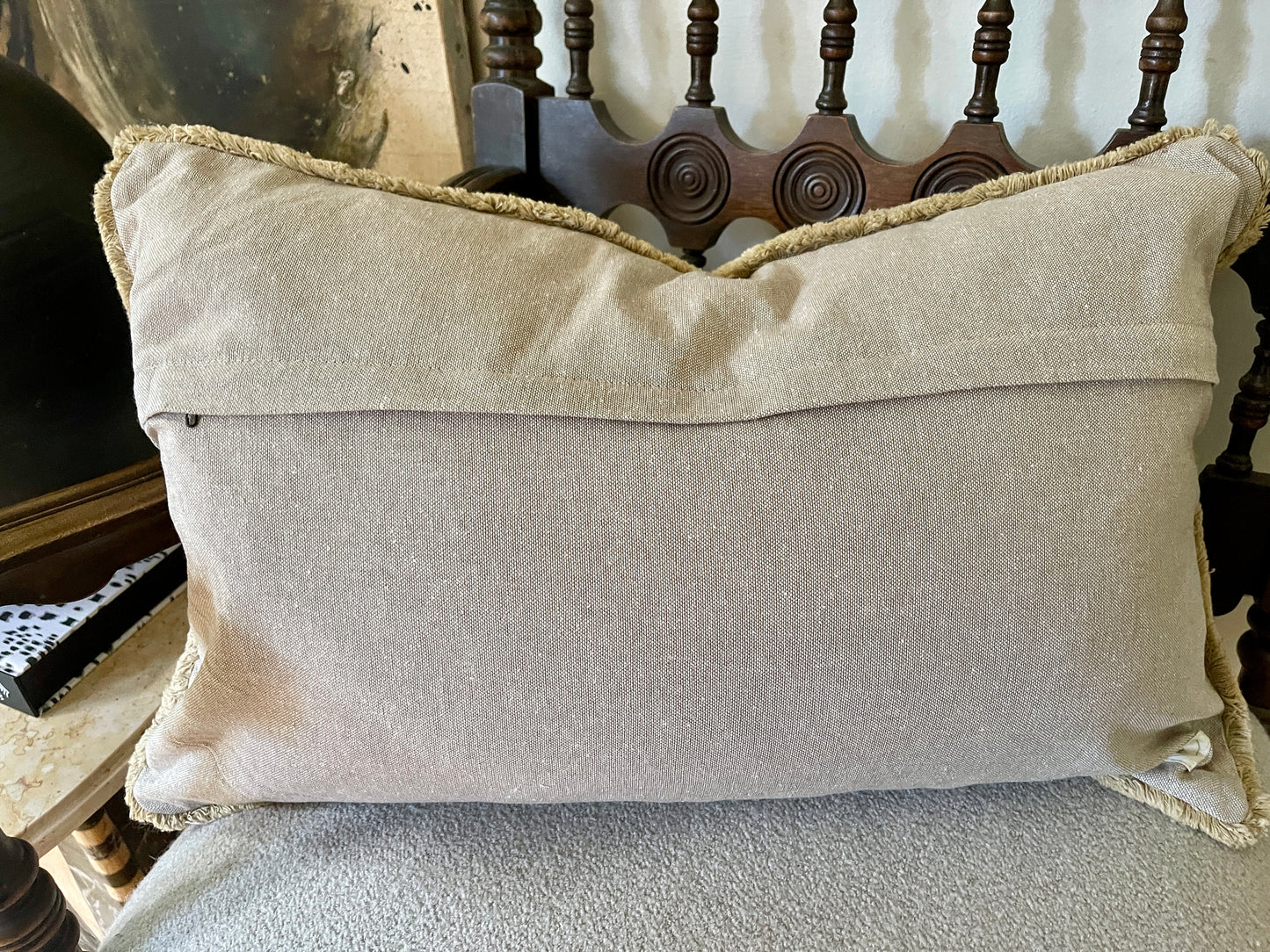 Neutral Geometric Tribal Pillow with Fringed Edges