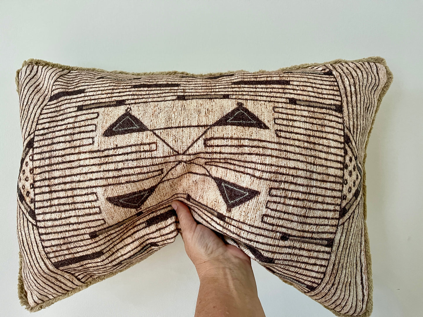 Neutral Geometric Tribal Pillow with Fringed Edges