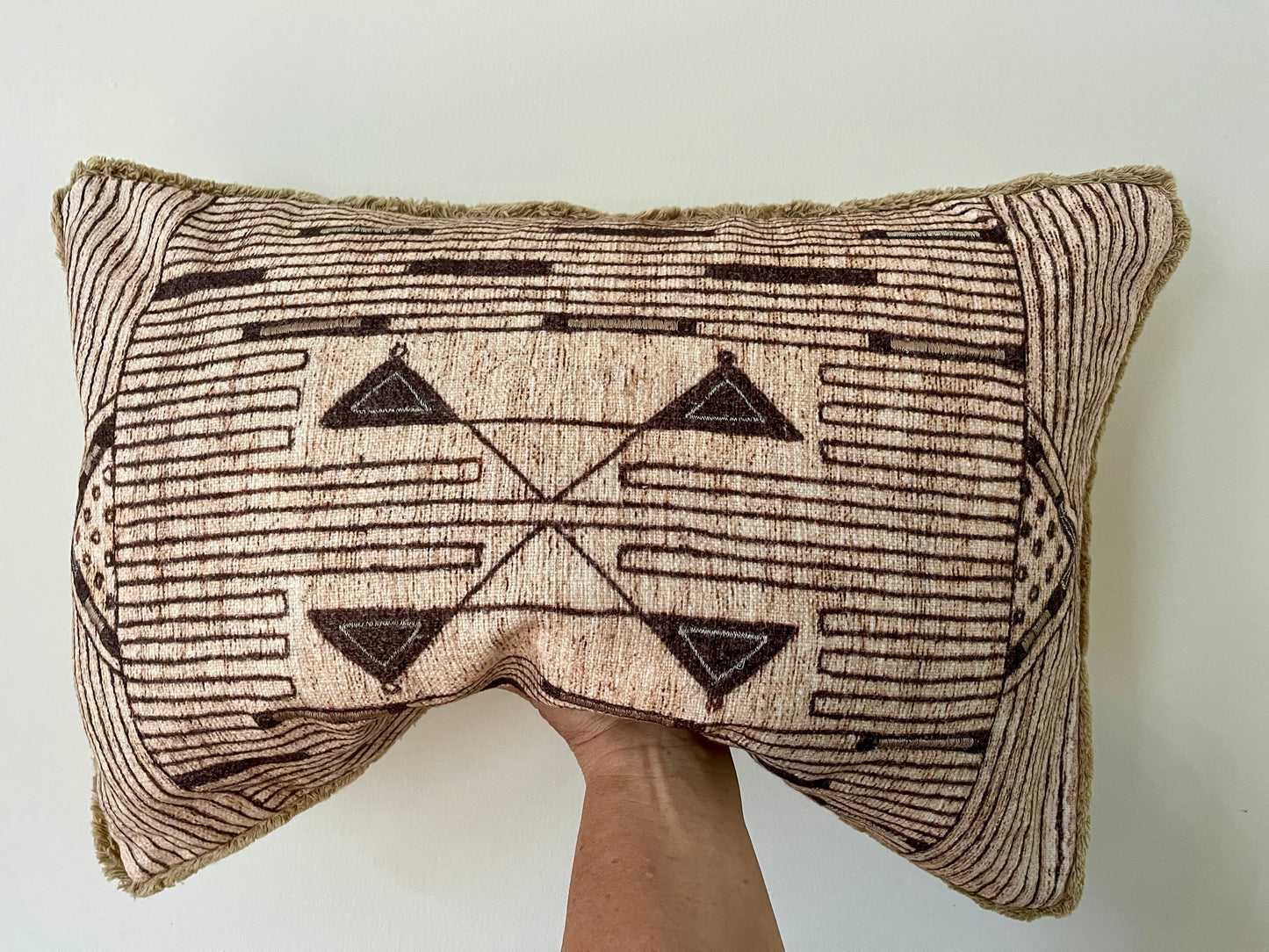 Neutral Geometric Tribal Pillow with Fringed Edges