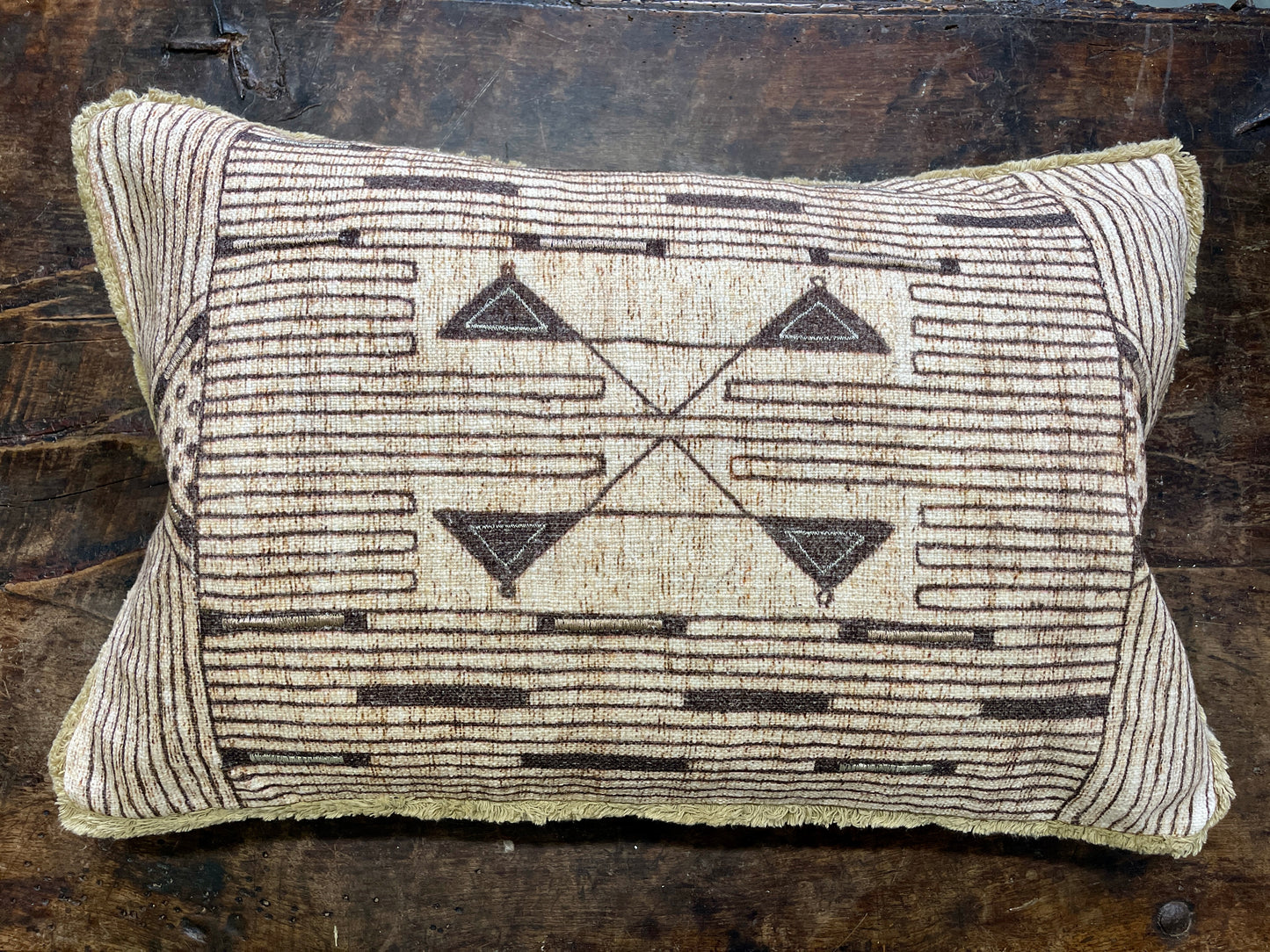 Neutral Geometric Tribal Pillow with Fringed Edges