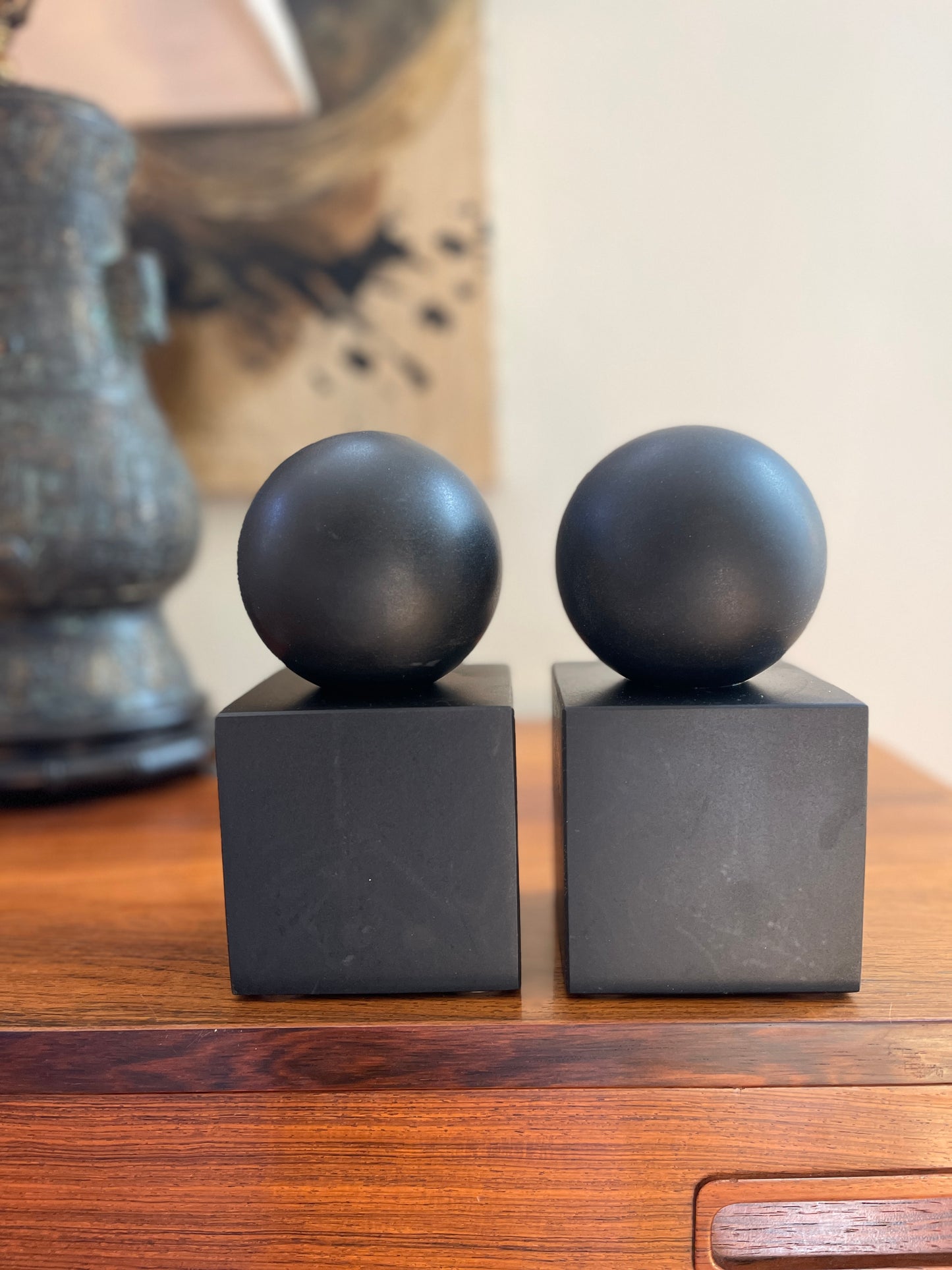 Jet Black Matte Finish Marble Bookends - a Pair