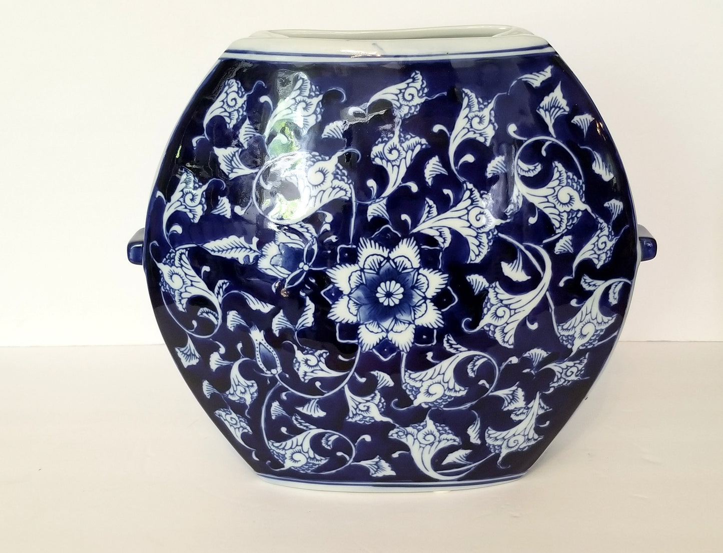 Substantial Blue and White Asian Floral Chinoiserie Vase Envelope Sides Deep Navy Blue Coastal Unique Shape Chinese Ceramics