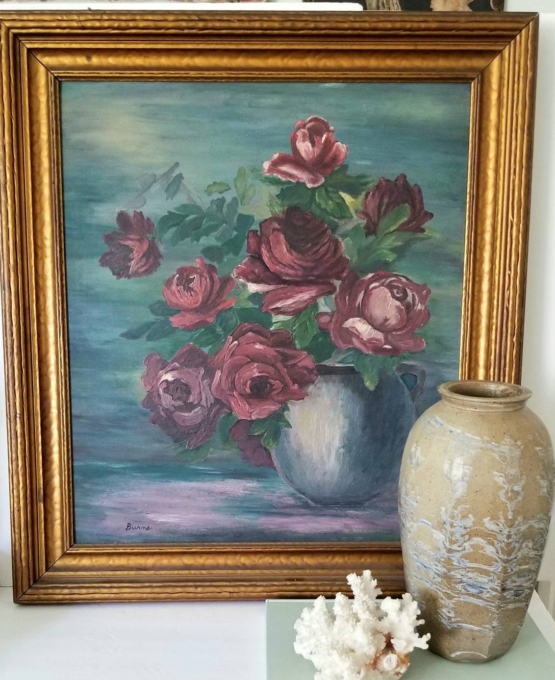 Antique Oil on Canvas Rose Bouquet Signed Burns  Mantel Cottage Farmhouse Nursery