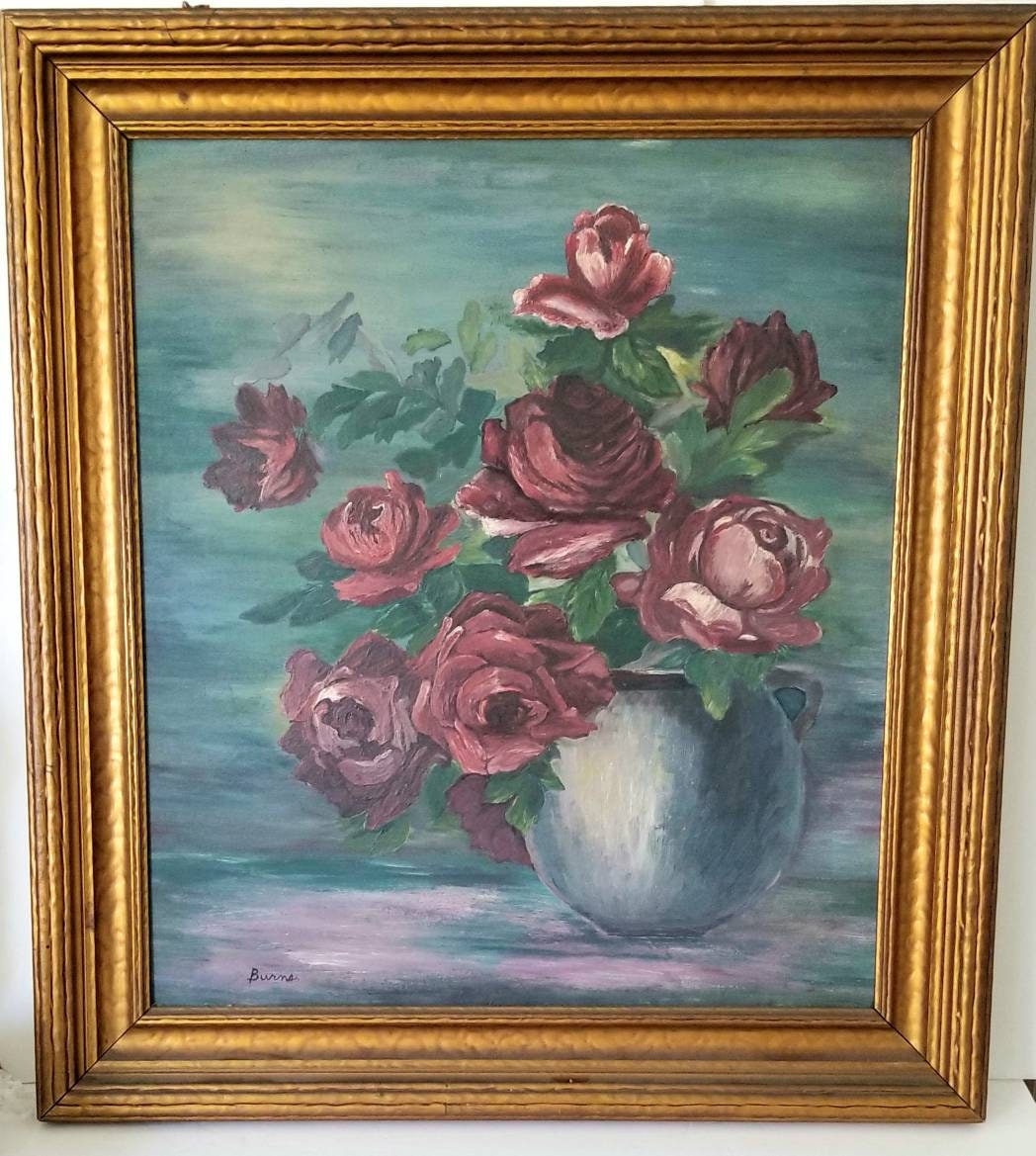 Antique Oil on Canvas Rose Bouquet Signed Burns  Mantel Cottage Farmhouse Nursery