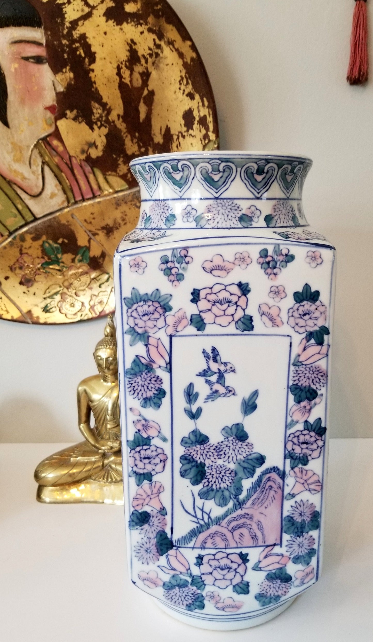 14.75" Asian Vase Pink, Green and Blue Chinoiserie Vase Mantel Decor Chinese Ceramics