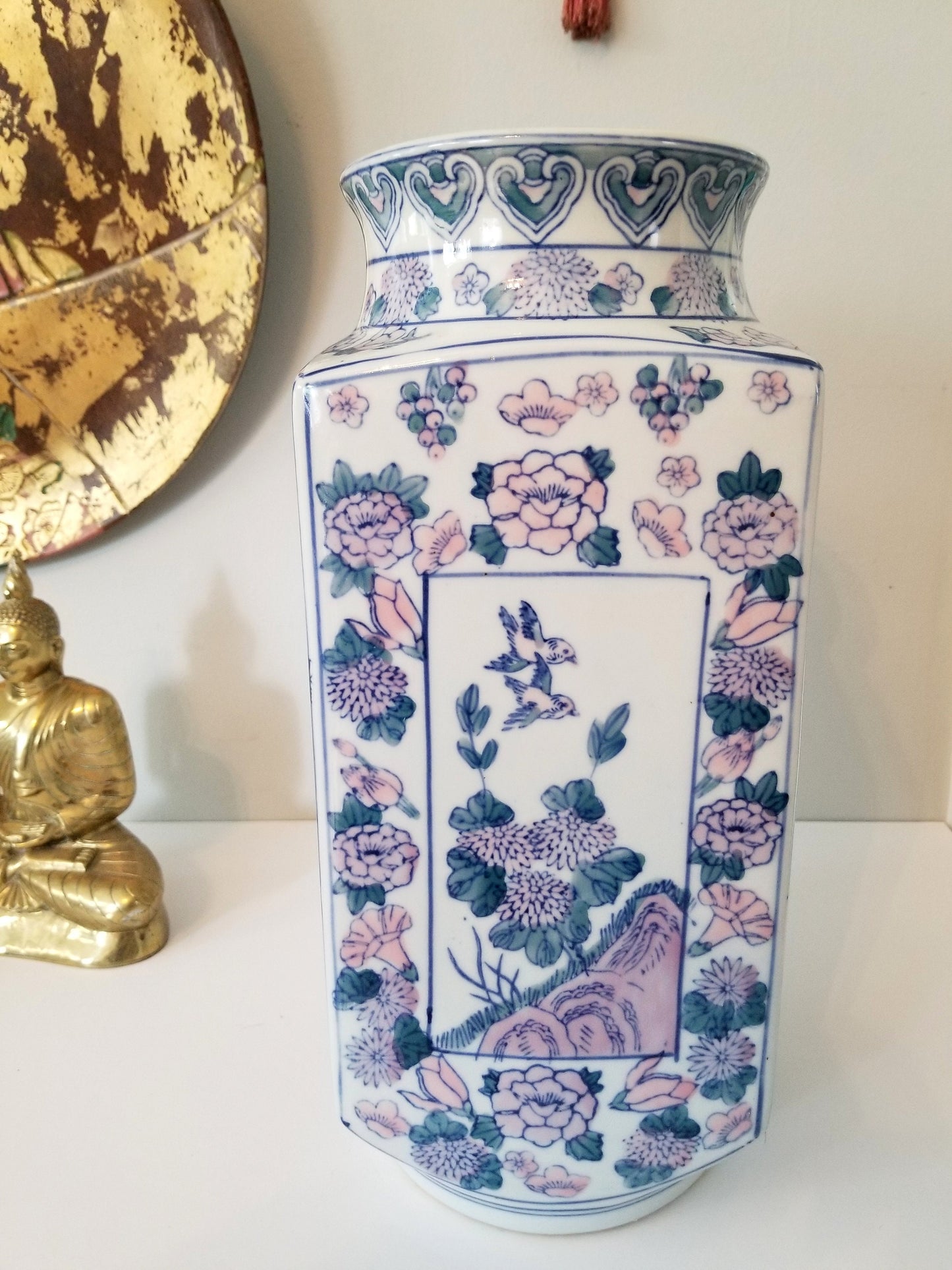 14.75" Asian Vase Pink, Green and Blue Chinoiserie Vase Mantel Decor Chinese Ceramics