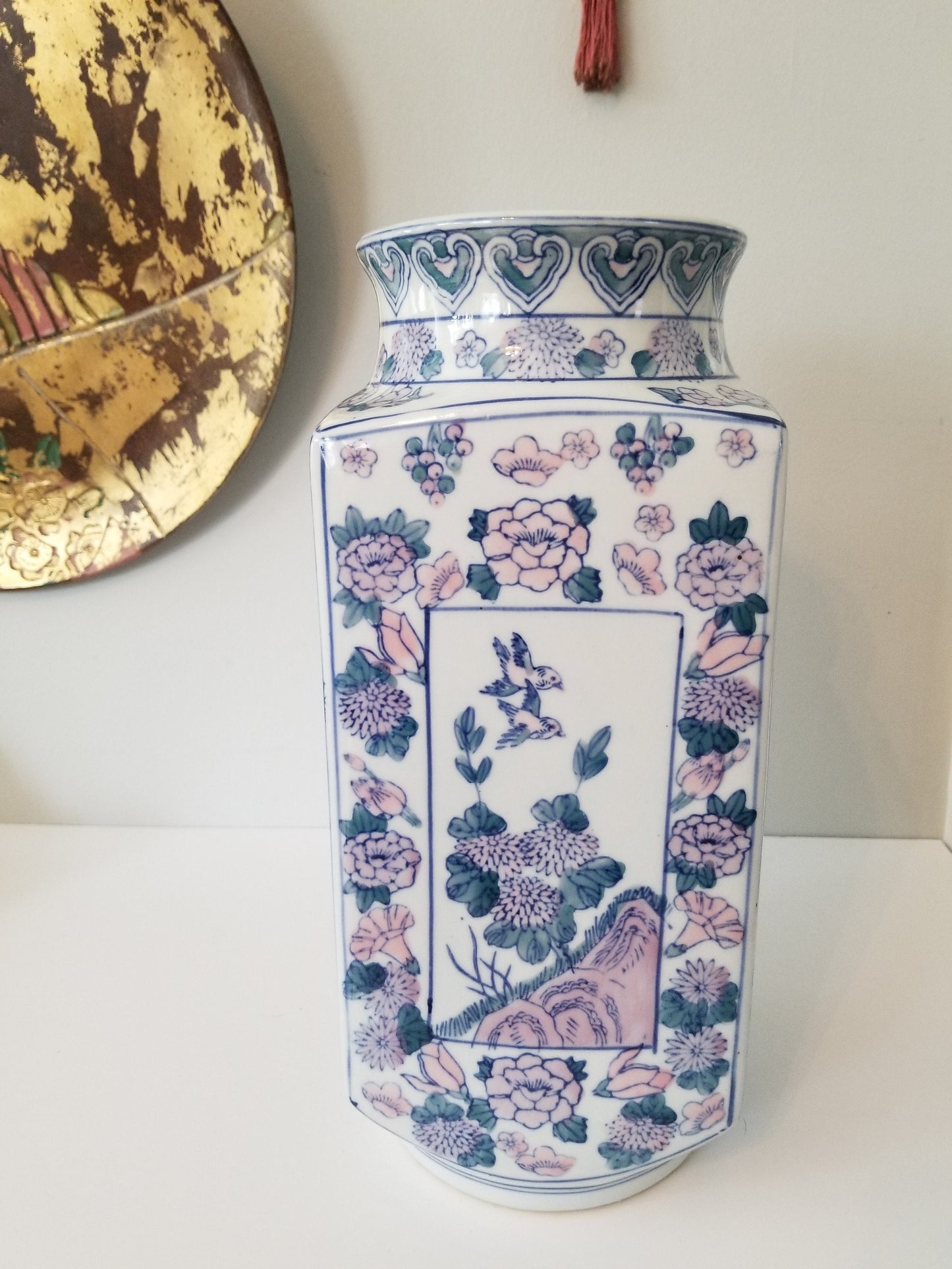 14.75" Asian Vase Pink, Green and Blue Chinoiserie Vase Mantel Decor Chinese Ceramics