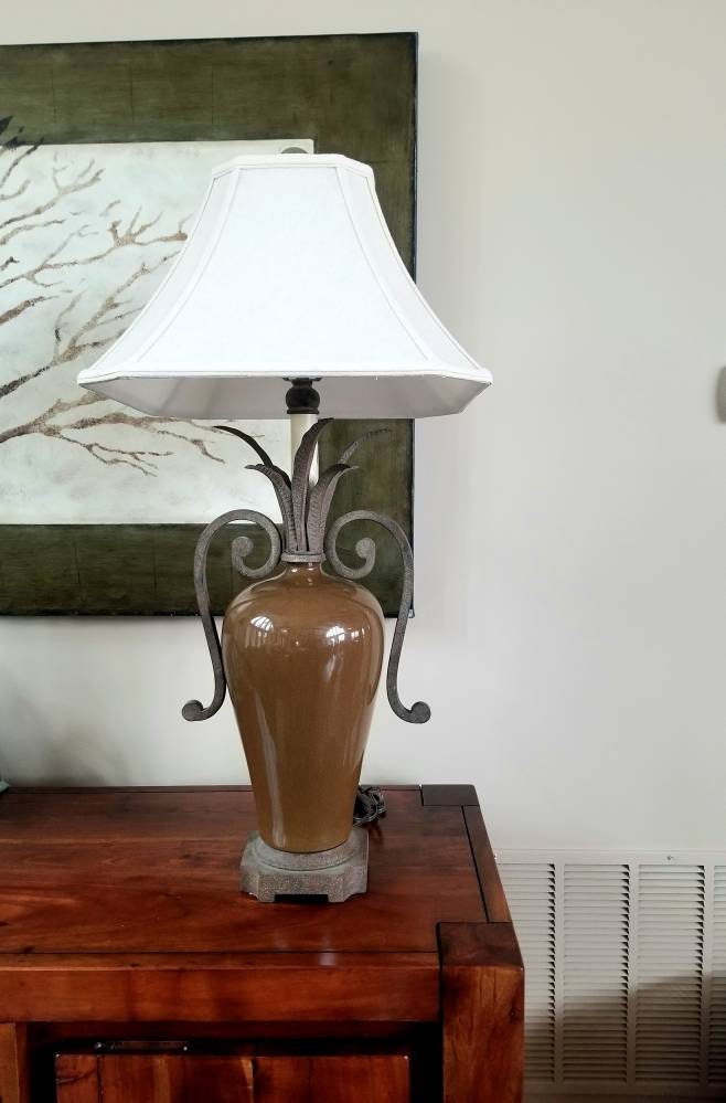 Modern Urn Shaped Lamp with Metal Fronds Asian Inspired Jungle Chic Scrolling Metal Handles Moss Brown Crackle Glaze