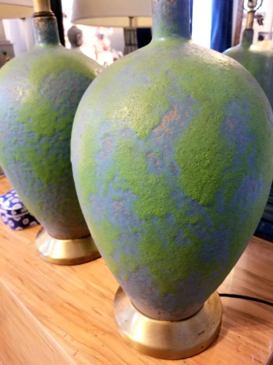 Pair of Mid Century Blue and Green Pottery Lamps MCM Chic