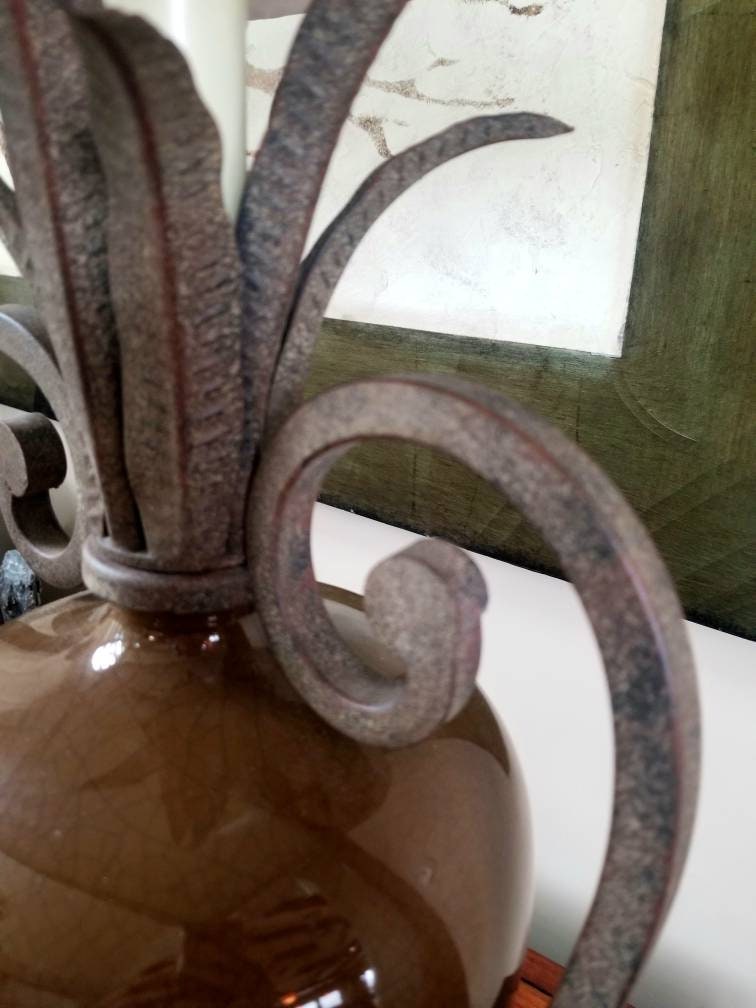 Modern Urn Shaped Lamp with Metal Fronds Asian Inspired Jungle Chic Scrolling Metal Handles Moss Brown Crackle Glaze