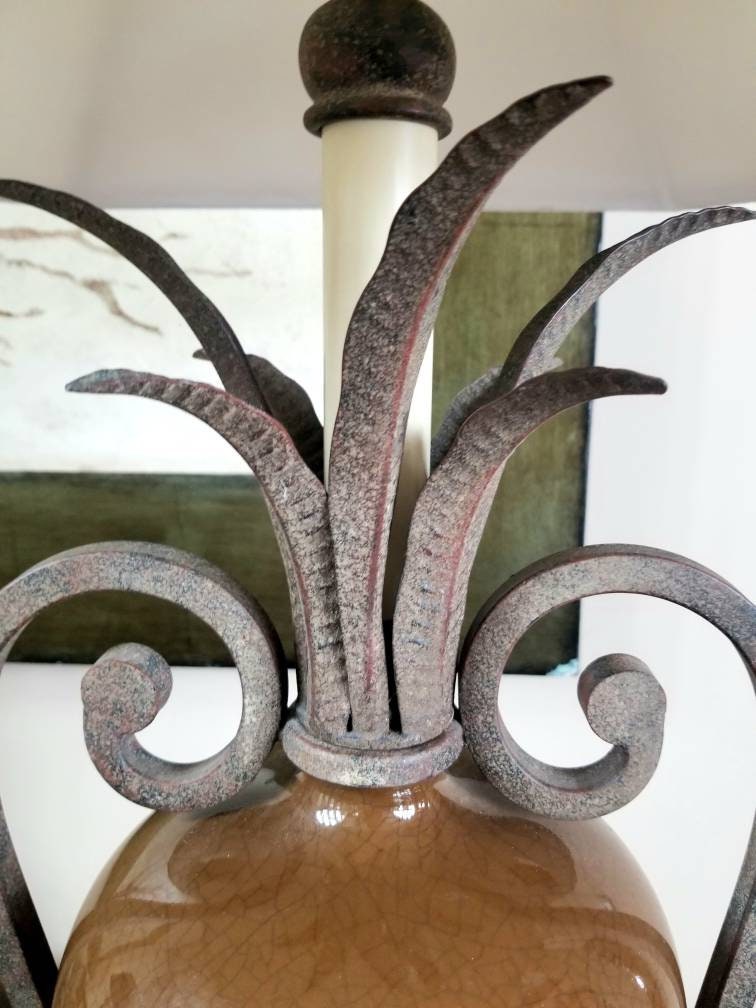 Modern Urn Shaped Lamp with Metal Fronds Asian Inspired Jungle Chic Scrolling Metal Handles Moss Brown Crackle Glaze