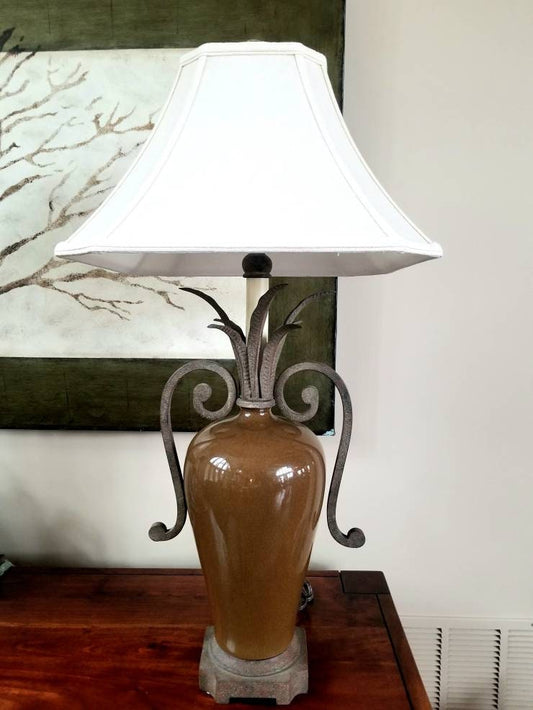 Modern Urn Shaped Lamp with Metal Fronds Asian Inspired Jungle Chic Scrolling Metal Handles Moss Brown Crackle Glaze