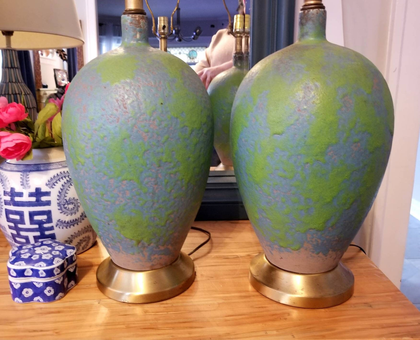 Pair of Mid Century Blue and Green Pottery Lamps MCM Chic