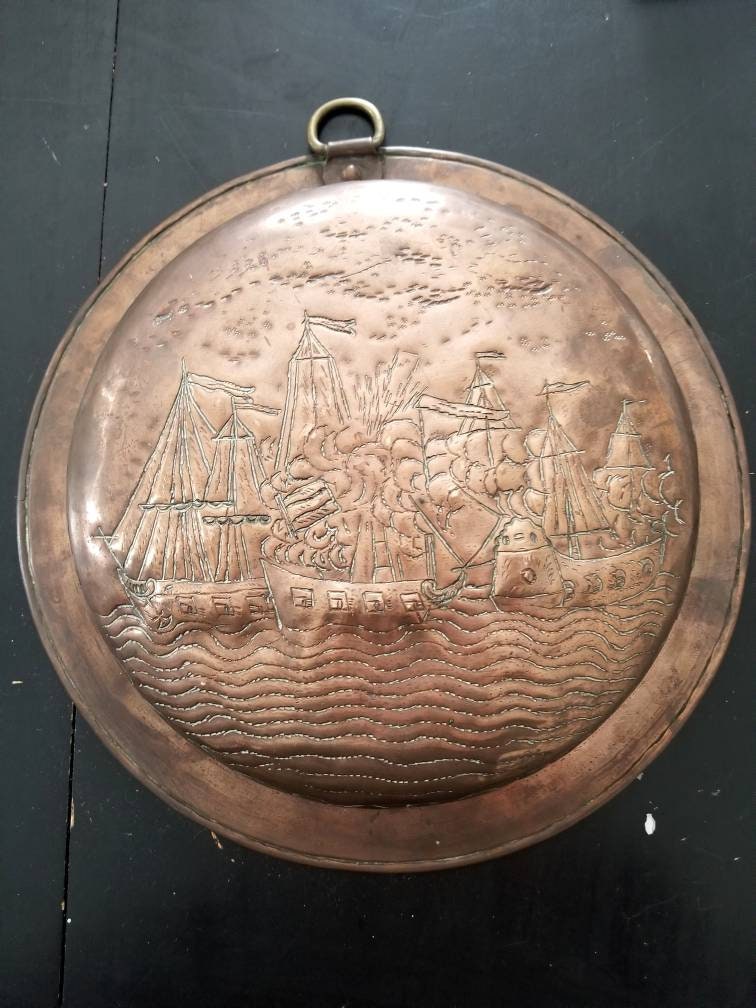 Vintage Copper Art of Sailing Ships New England Americana Folk Art