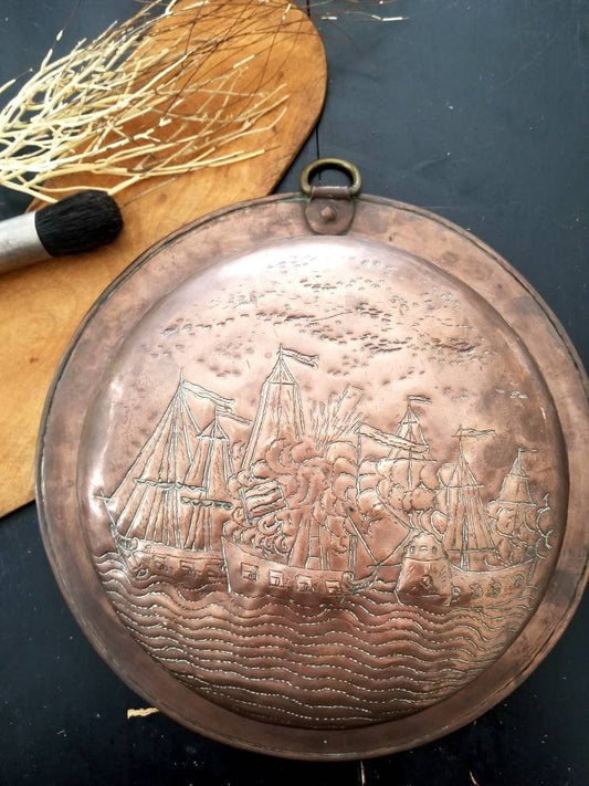 Vintage Copper Art of Sailing Ships New England Americana Folk Art