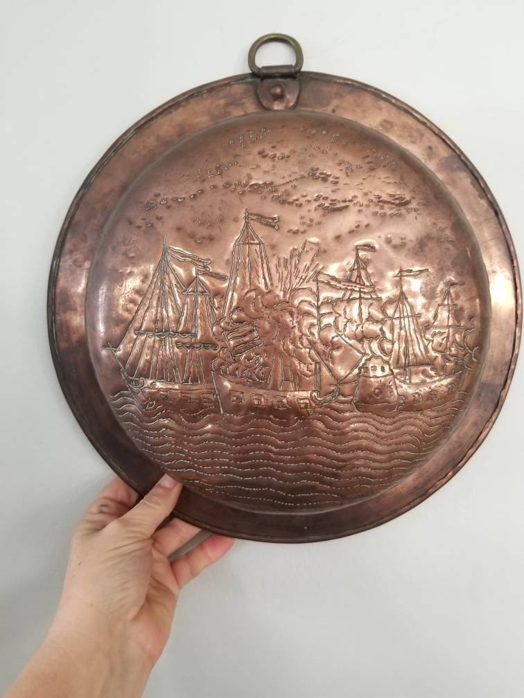 Vintage Copper Art of Sailing Ships New England Americana Folk Art