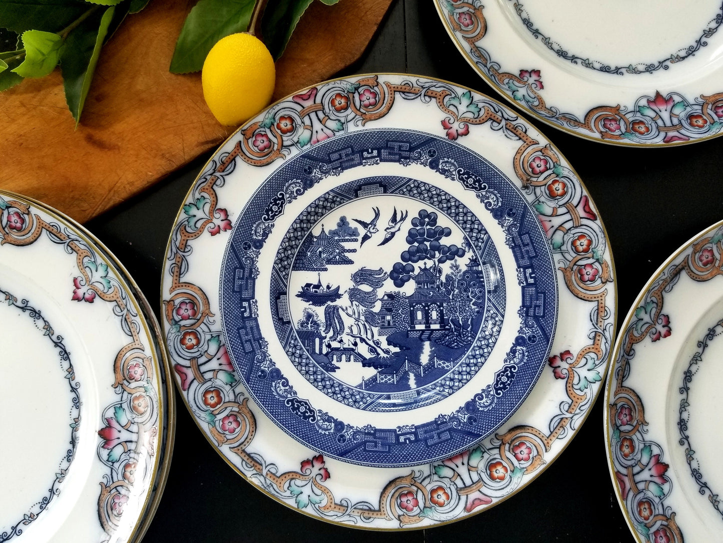 Set of Six () Wedgwood Plates in Liffey Pattern Flow Blue English Ironstone Blue Willow Chic