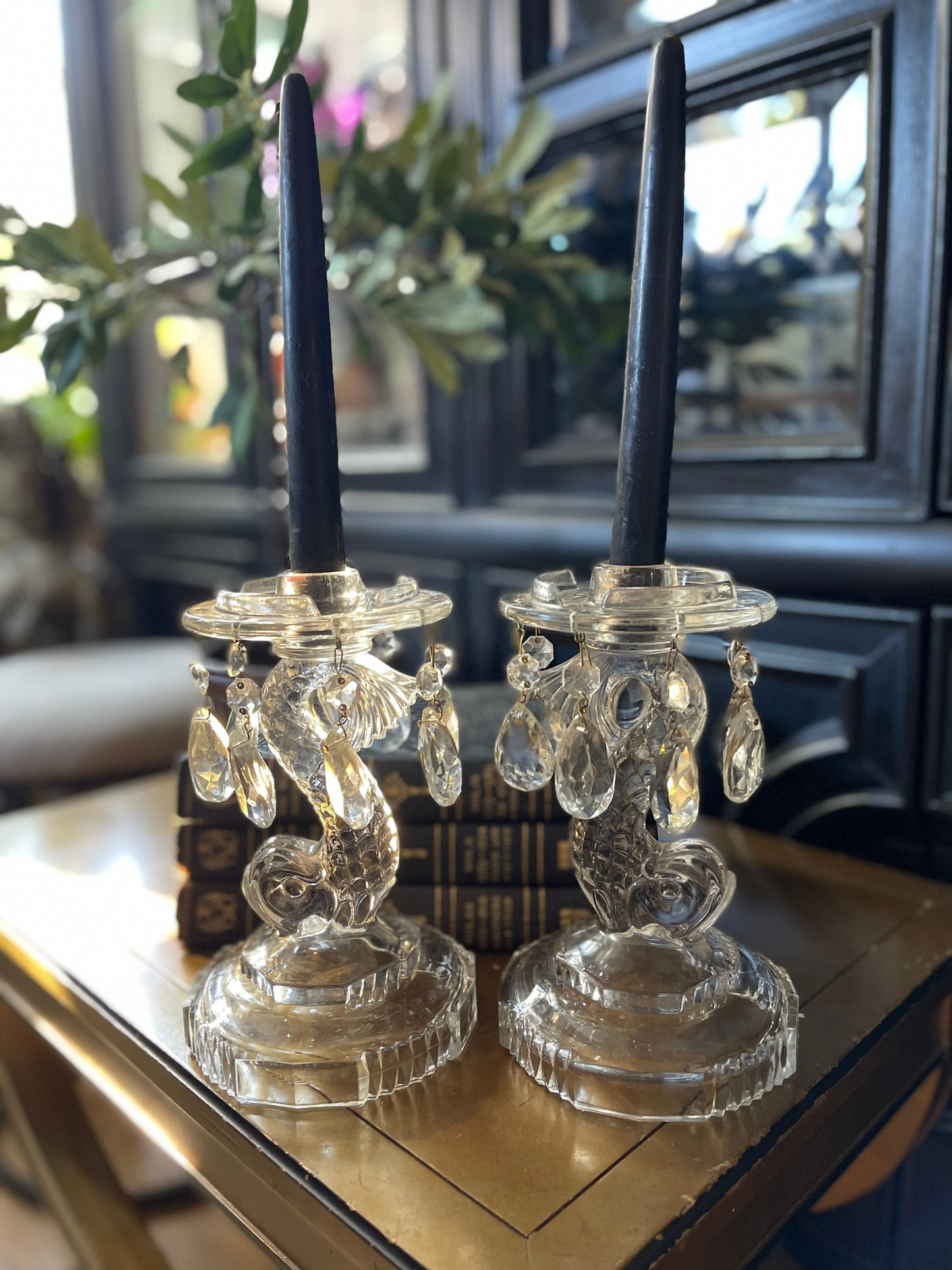 Pair of Antique Cut Glass & Crystal Koi Fish Candlestick Holder Chinoiserie candelabra Asian Chic Chinese Japanese Styles