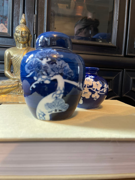 Blue and White Cherry Blossom 5in Ginger Jar Chinoiserie Chinese Ceramic Japanese Asian Decor Coastal