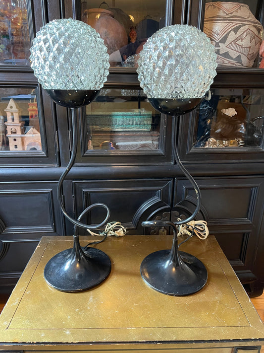 Pair of Black Squiggle Lamps with Cut Glass Globes Postmodern Memphis Chic